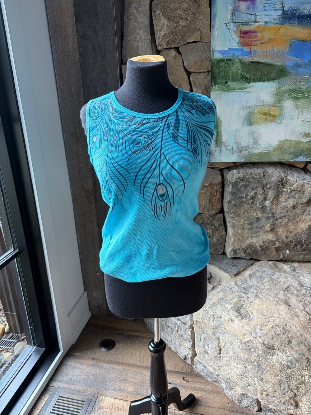 Vintage Y2K Susan Lawrence Peacock Feather Ribbed Tank Top Made USA NWT